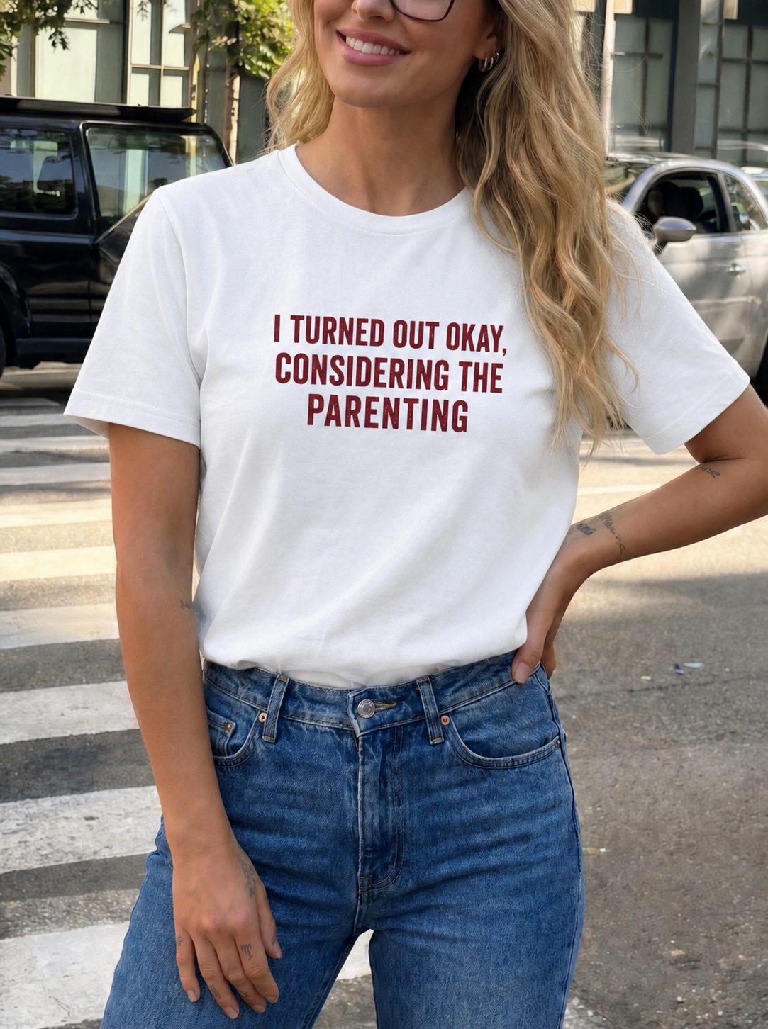 I Turned Out Okay Considering The Parenting  T-shirt (Red)