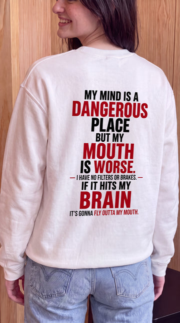 My Mind Is A Dangerous Place But My Mouth Is Worse. I Have No Filters Or Brakes. If It Hits My Brain It's Gonna Fly Outta My Mouth. Sweatshirt Back